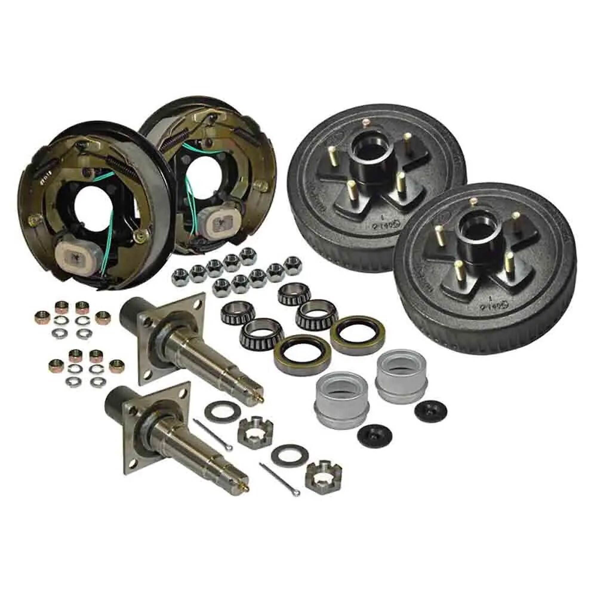 Rigid Hitch, Pair of 5-Bolt on 4.5 Inch Electric Hub-Drum Assembly, 10 inch Drums and Electric Brakes, Flanged 1-3/8 inch to 1-1/16 inch Tapered Spindles, Bearings/Seals/Caps Included, Model# AKRD-3500545F-HD-E